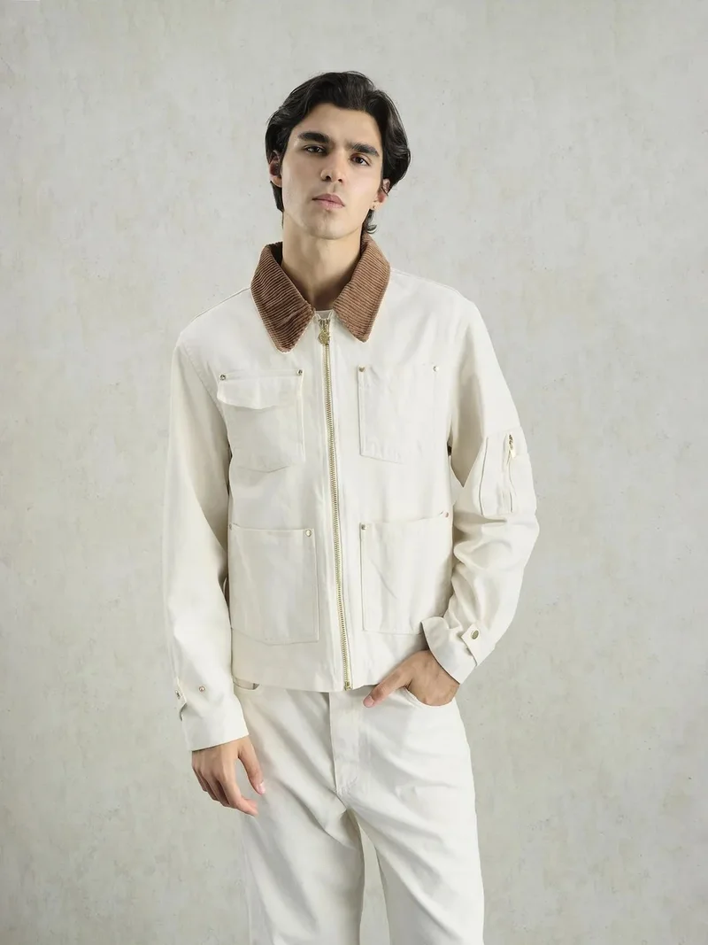 Giesto Cream Natural GIESTO Collar Detailed Seasonal Jacket with Pockets for Men | Best Price UAE